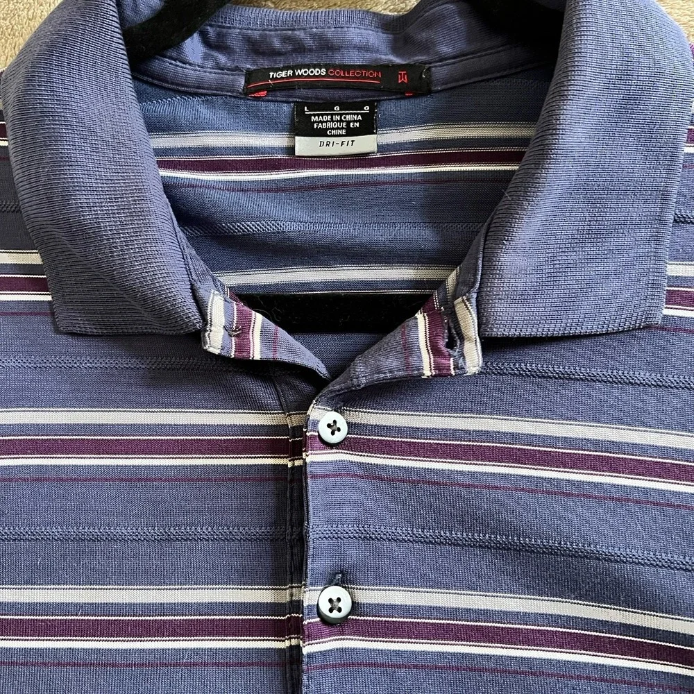Tiger Woods Collection Polo Shirt Purple Burgundy Striped Nike Dry Fit Size L - Picture 7 of 10